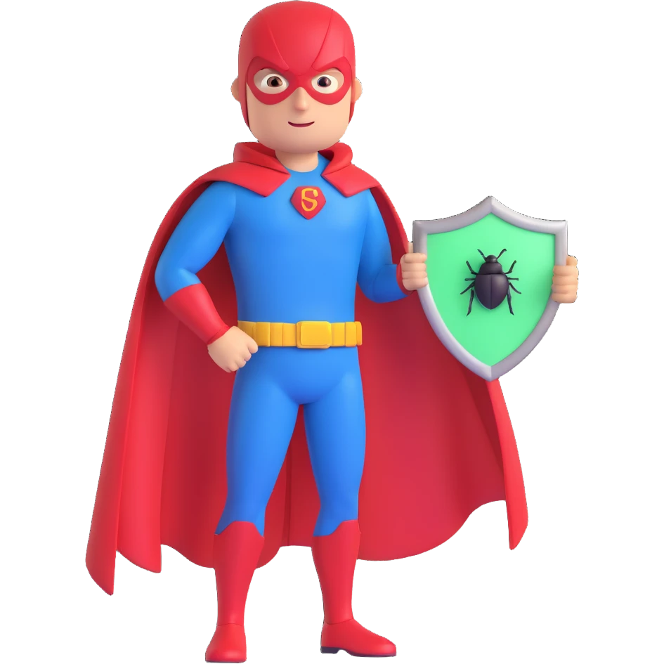 QA engineer superhero with cape and bug shield emoji
