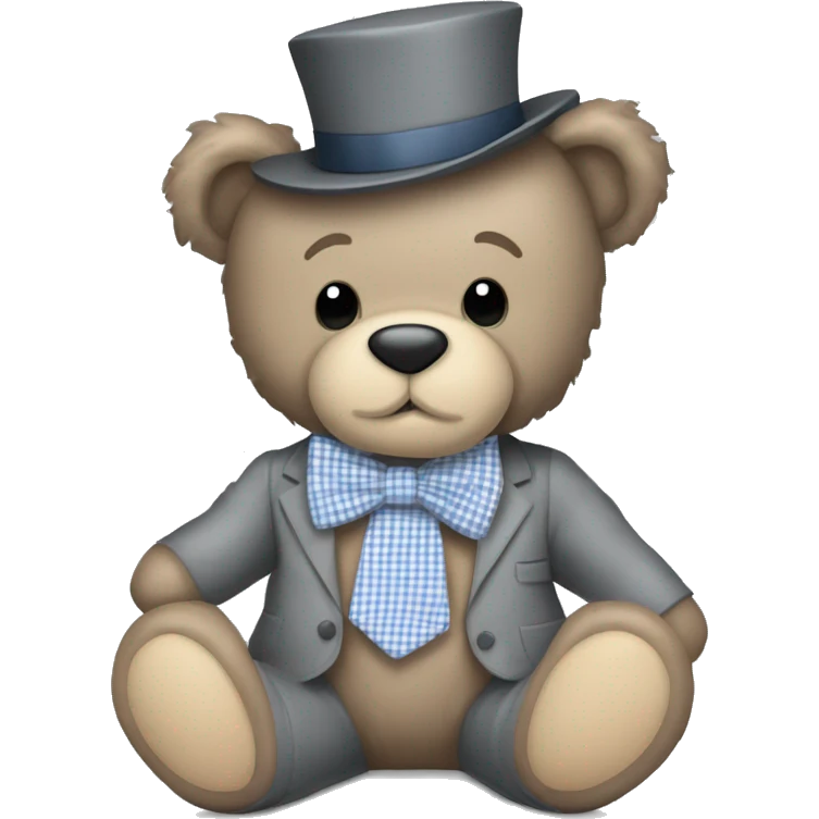 A grey teddy bear with a gingham bow tie and the name Alexander on its foot  emoji
