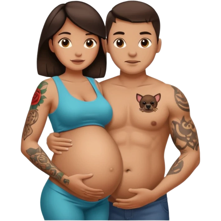 Cool brunette female holding pregnant buff mans with tattoos belly  emoji