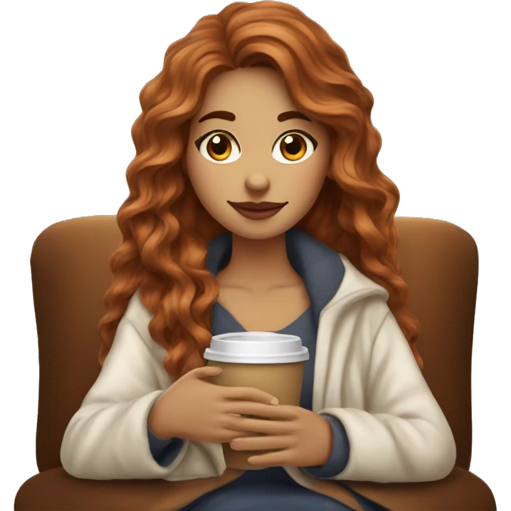 Auburn long wavy haired girl in with a blanket and a latté coffe emoji