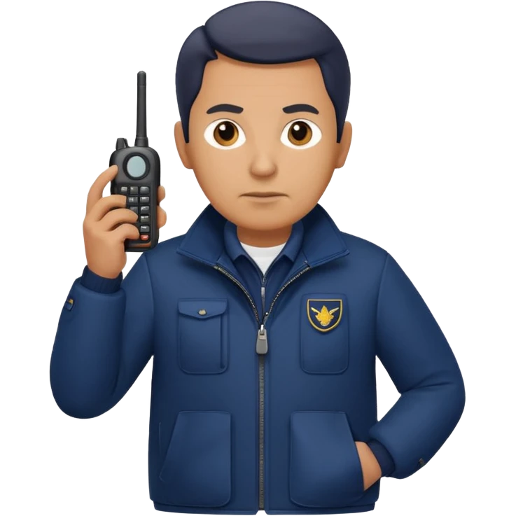 Security, Middle-aged, wearing navy blue jacket, serious facial expression, holding walkie-talkie, full body emoji