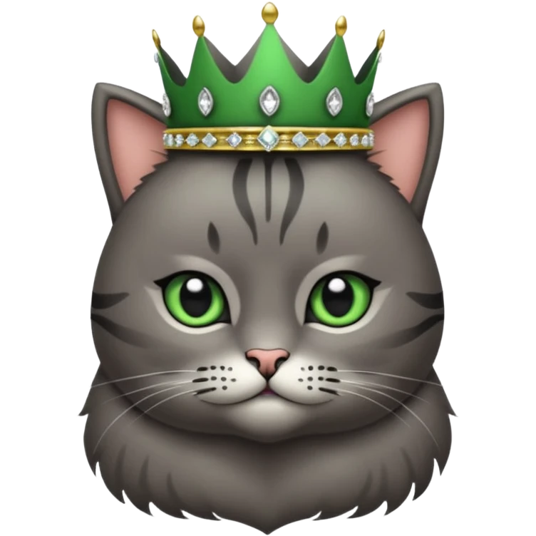 Gatito gris oscura con rayas negras ojos verdes vestida de reina con coronas y diamantes, más peluda y gordura  emoji
