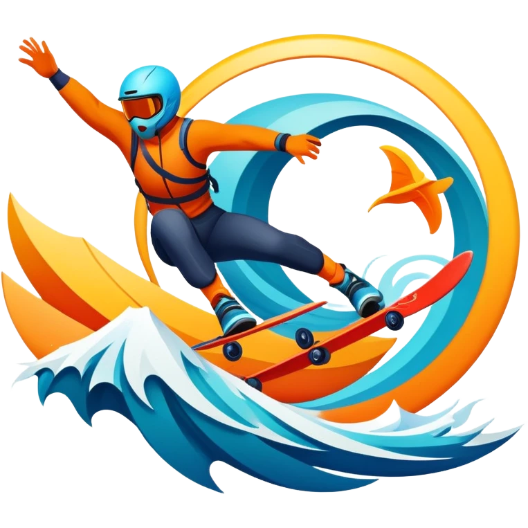 An emblematic symbol featuring a stylized figure in mid-action, representing extreme sports. The design incorporates dynamic lines and bold shapes, with elements like mountains, waves, and flying objects, capturing the thrill and adrenaline of various extreme sports in a single, unified icon. emoji