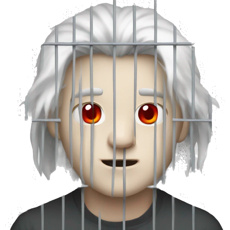 small man with paper white skin, white horns, red eyes and long hair in a cage emoji