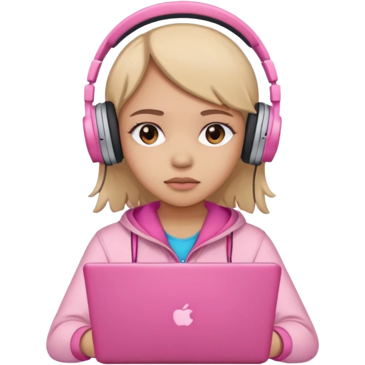 a girl with a pink laptop with headphones, color outline icon style, looking sad emoji