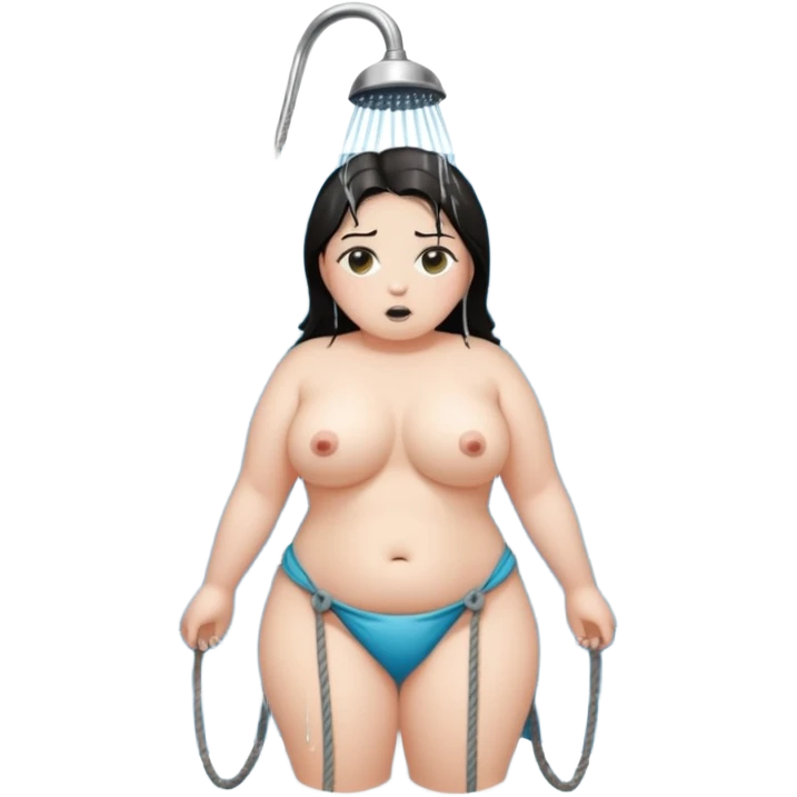 Submissive woman in a shower; tied up in bdsm style; full body. White skin, chubby, halflong dark hair, hazel eyes. emoji