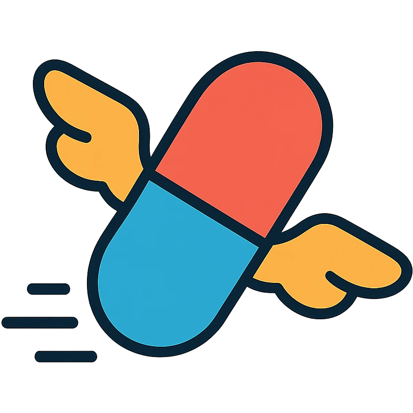 Medicine pill or capsule with small wings attached flying through the air emoji