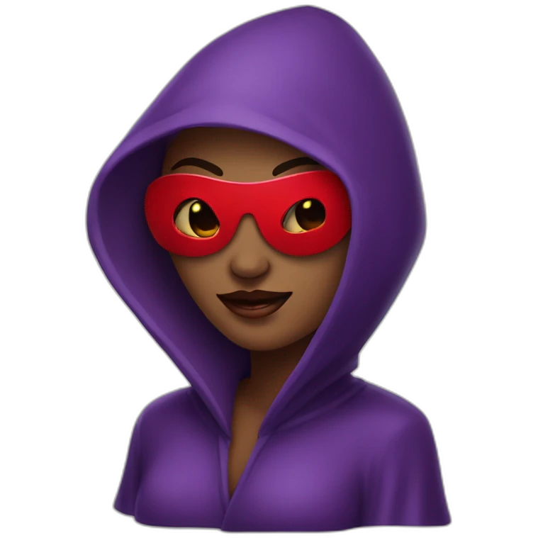 Woman, purple hodded robe, hood covering eyes, red lips, wicked grin emoji