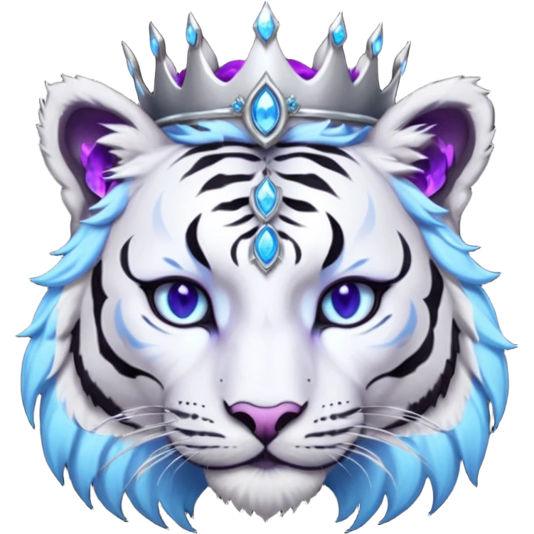 ESO Female white/black tiger khajiit leader of the umbral rose, glowing blue eyes, glowing blue 'third eye' gem; silver crown/tiara with purple gems emoji