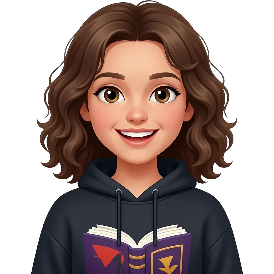 medium light brown skin 13 yo girl with medium brown loose curls medium length hair who is grinning and wearing a vampire/book themed sweatshirt emoji