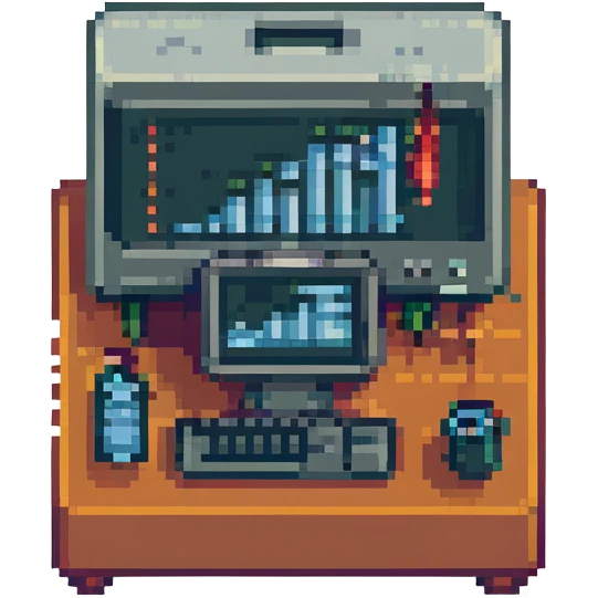 digital marketing, pixel art style, with computer, bar chart, and notification bell emoji