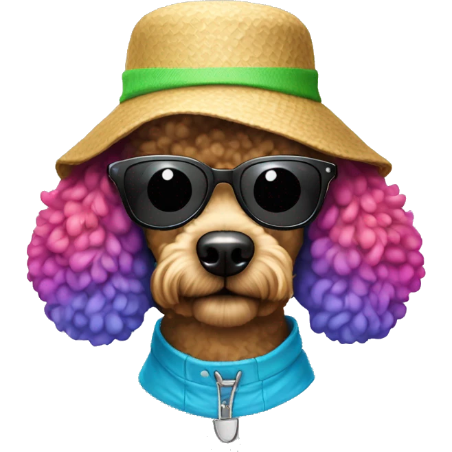 Rainbow poodle with a bucket hat on with black sunglasses emoji