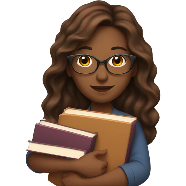 A woman with long wavy brown hair and books emoji