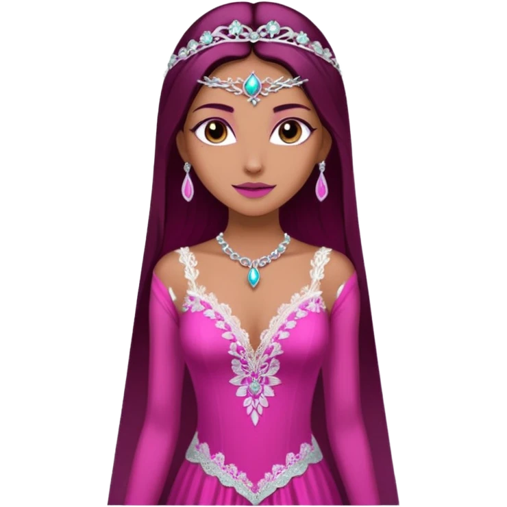 enchantress goddess wearing a embellished shimmering light powder white lace and magenta pink gown with tanned skin and super long straight dark brown hair emoji