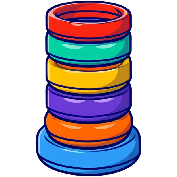 Children's stacking rings toy with red, orange, yellow, green, light blue, dark blue, and purple rings on a post in rainbow order emoji