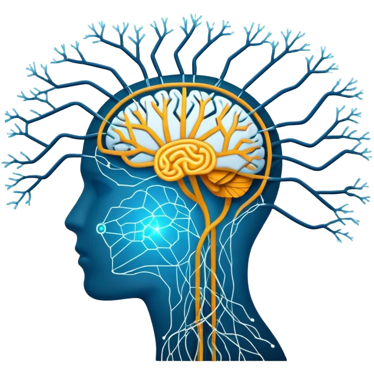 An icon featuring a human head silhouette with circuit patterns, a glowing brain, and neural network nodes, symbolizing artificial intelligence. The design includes data flow lines and robotic elements, representing machine learning and advanced computation. Transparent background emoji