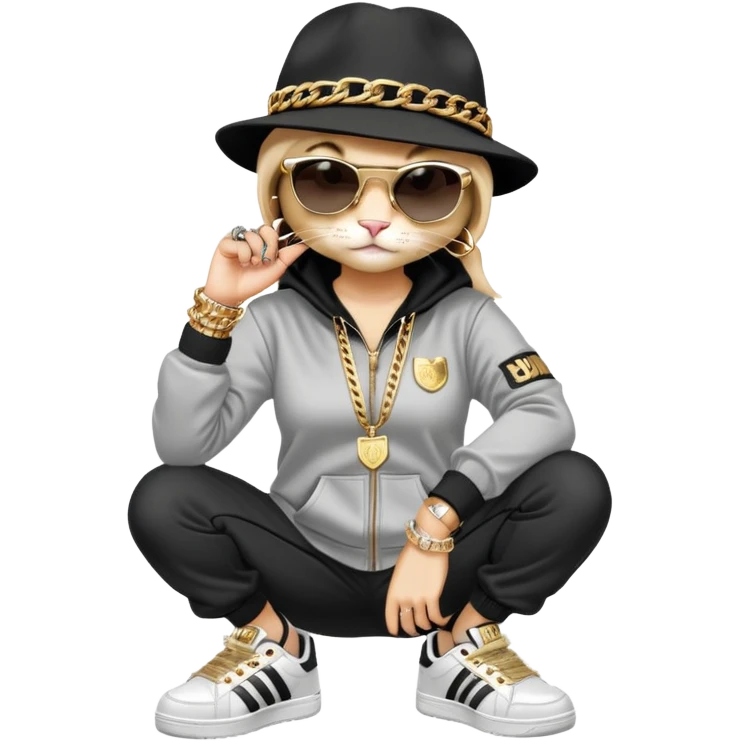 female cat wearing Run DMC hip-hop outfit with tracksuit, fedora, Adidas sneakers, dark sunglasses, many gold chains, rings, bracelets, flashy earrings, fallen down emoji