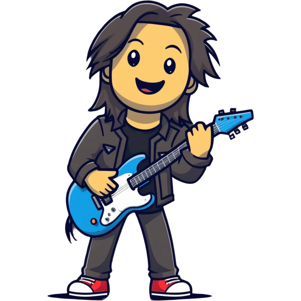 Rockstar musician with long hair, confident smile looking up, rock hand gesture, stage presence, edgy style emoji