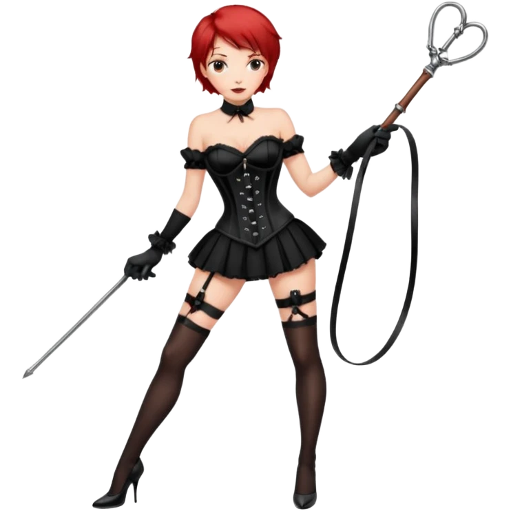 Mistress red short hair long black gloves small skirt black stockings high heels italian girl sexy black corset dominant girl e whip on hand emoji