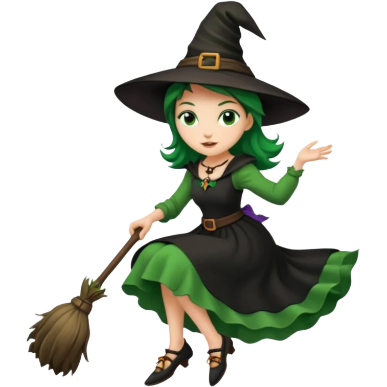 ведьма на метле в зелено-черном платье emoji