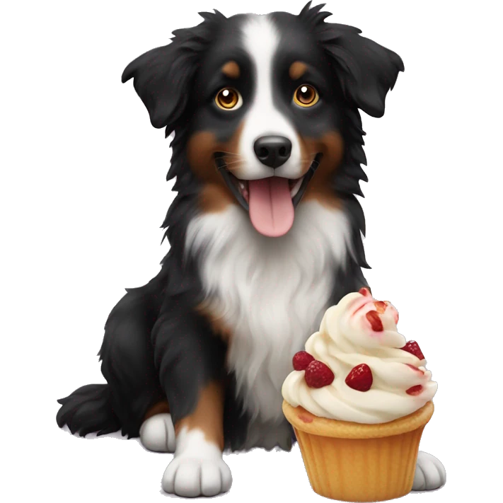 Small black australian shepherd dog with dessert  emoji
