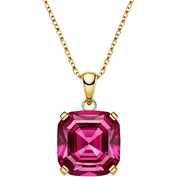 Isolated, 3d rendering, sparkling, vibrant and bold deep redish pink , hyperrealistic Lab Created Hydrothermal Rubellite, Asscher, 14k gold, luxury style necklace emoji