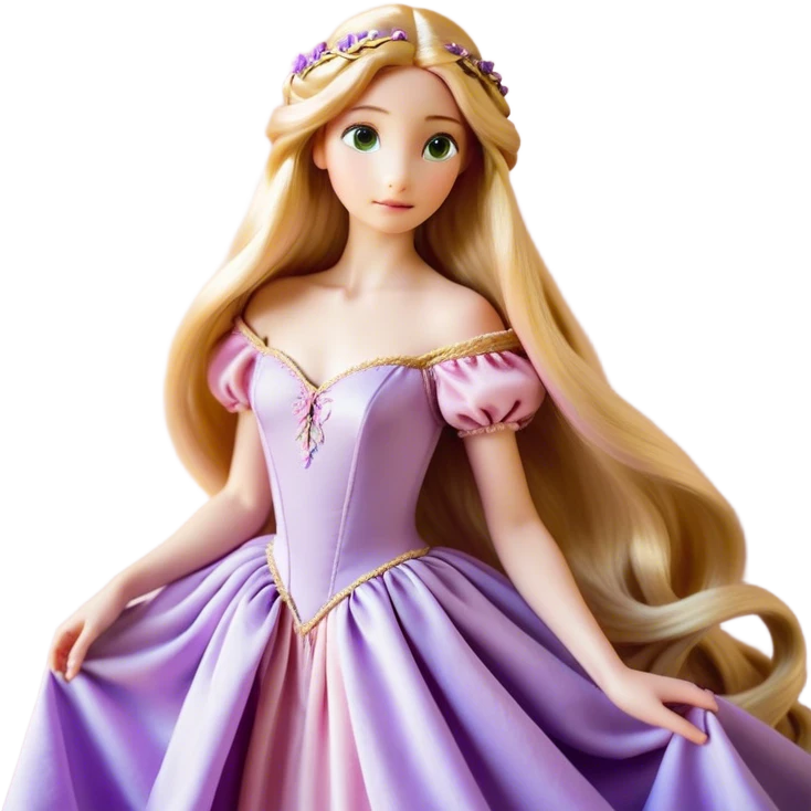 Cinematic Realistic Rapunzel Portrait, with porcelain-like skin featuring a subtle, natural glow, illuminated by soft lighting that brings out the gentle contours of her face. Her long, golden blonde hair cascades in detailed waves, each strand highlighted with a radiant shimmer as it catches the light. She playfully holds a flower in one hand, her other hand resting casually in her lap, with a warm and spirited expression. Her bright, expressive green eyes exude curiosity and warmth, framed by delicate lashes and soft, arched brows. She is dressed in her classic lavender and pink gown, the fabric textured with delicate folds that flow naturally, catching the light with a soft, radiant glow. The portrait captures a luminous, enchanting aura, seamlessly blending realism with a whimsical, fairytale charm, evoking a timeless sense of beauty and magic. emoji