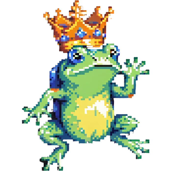 pixel art crowned frog jumping with crown tilted emoji