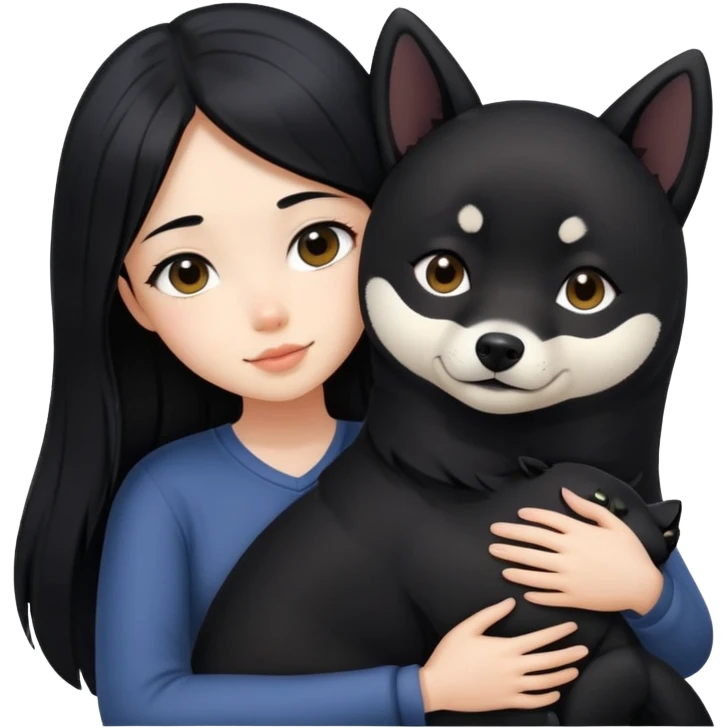 A beautiful girl with long black hair hugs a black Shiba Inu emoji