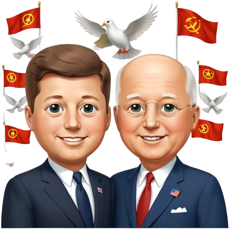 John F. Kennedy and Mikhail Gorbachev side by side, smiling, friendly diplomatic atmosphere, small peace symbols and doves, US and USSR flags as accents emoji