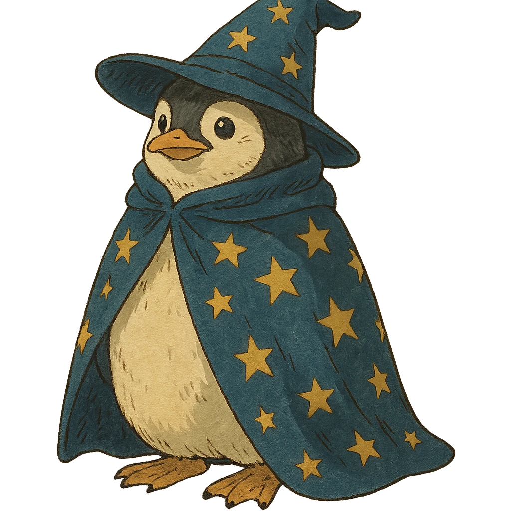 penguin wizard with a starry cloak and pointed hat emoji