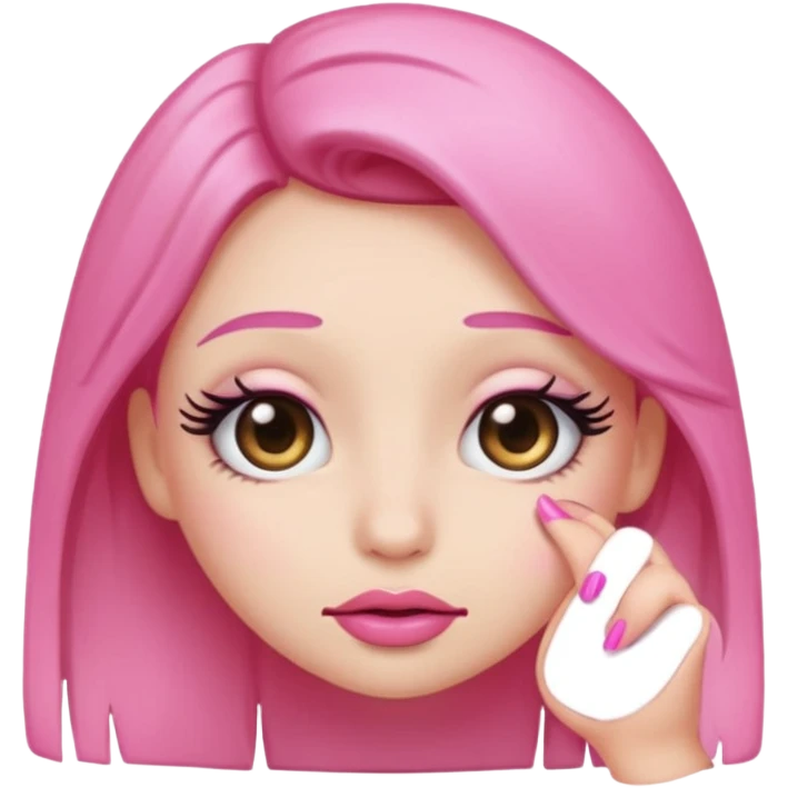 Shy emoji with long lashes, pouty lips, and pink nails on a black background, cute aesthetic emoji