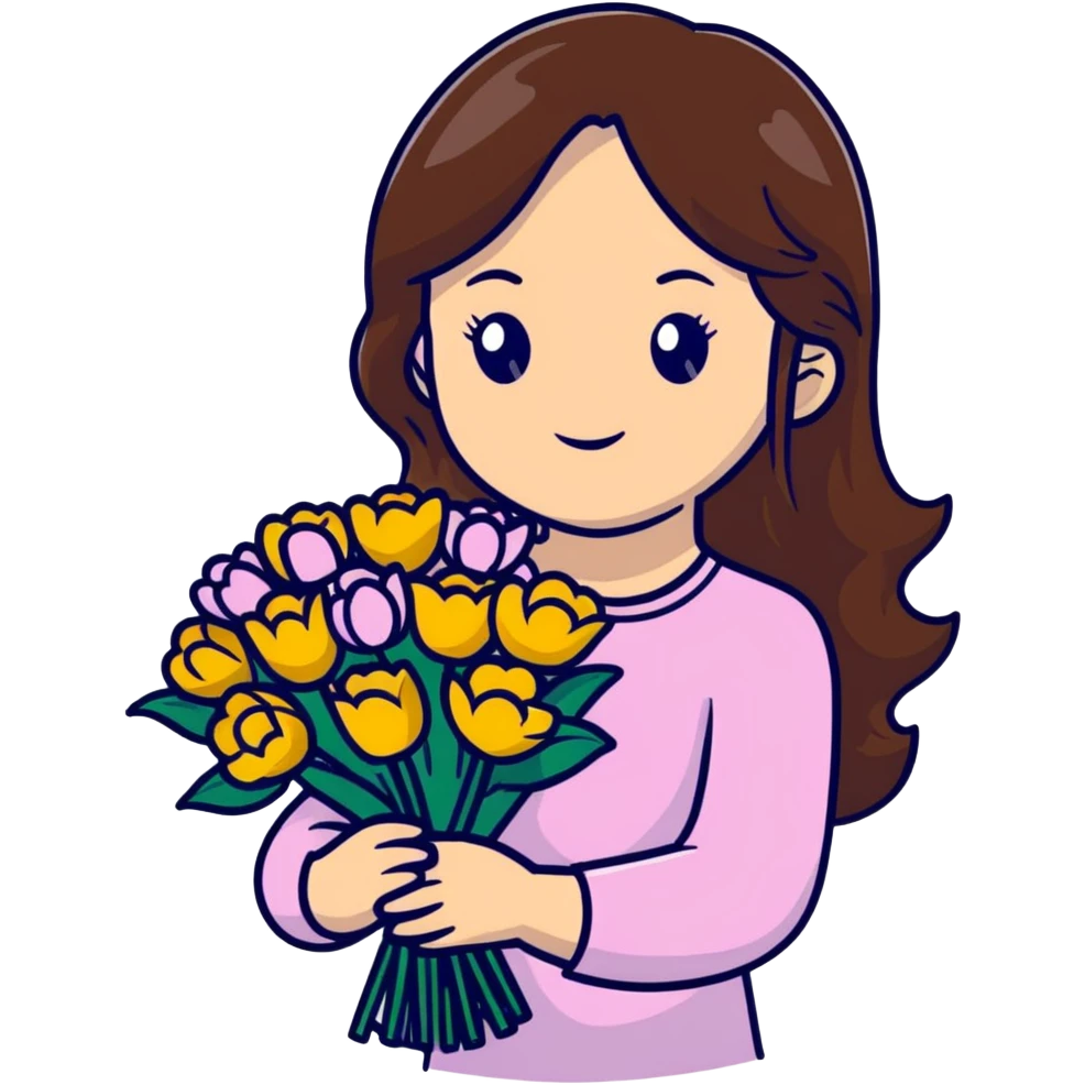 Cool girl with long brown hair and fair skin holding a bouquet of flowers emoji
