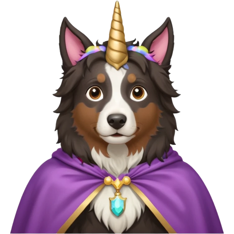 A daar autralian sheperd with a unicorn horn and a cape emoji