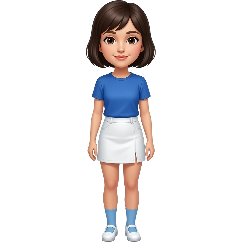 A woman with Brown eyes, Dark brown hair styled as a shoulder length Pixie cut, fair skinned and wearing a white skort, a royal blue T-shirt, pale blue socks and White shoes. emoji