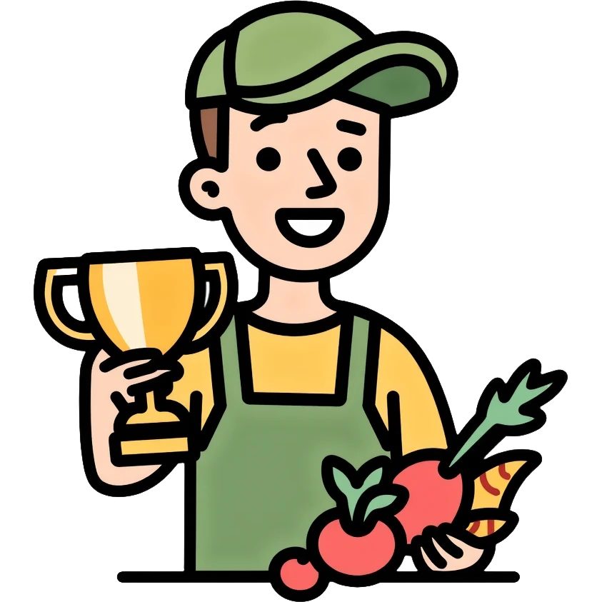 Happy gardener with trophy and prize vegetables emoji