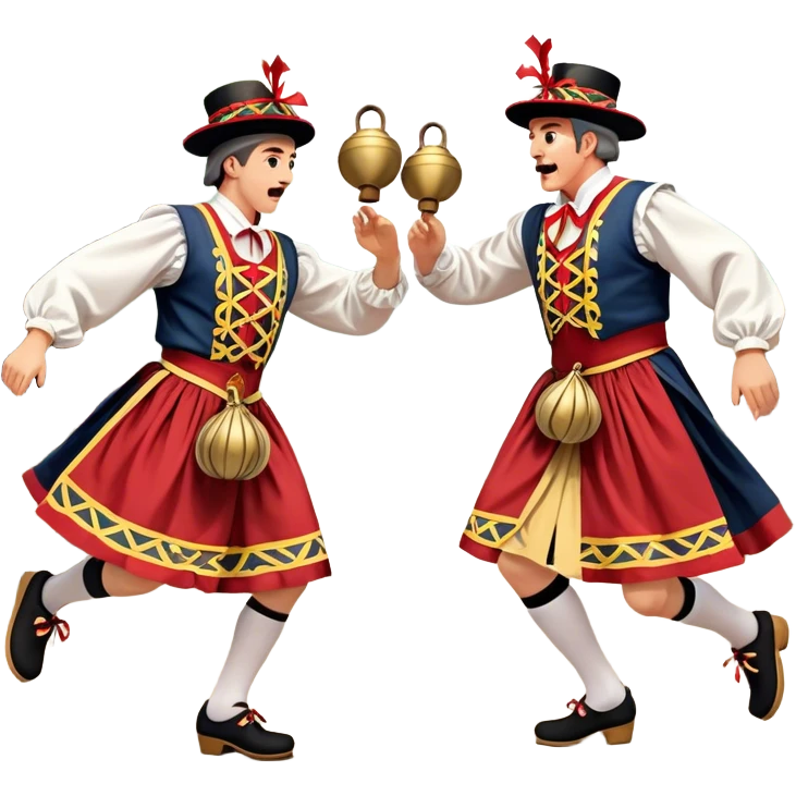 Cinematic Realistic scene of two performers executing a Morris Dance in full traditional costume—with bells, ribbons, and clogs—captured in dynamic motion against a rustic English backdrop and warm, golden lighting emoji