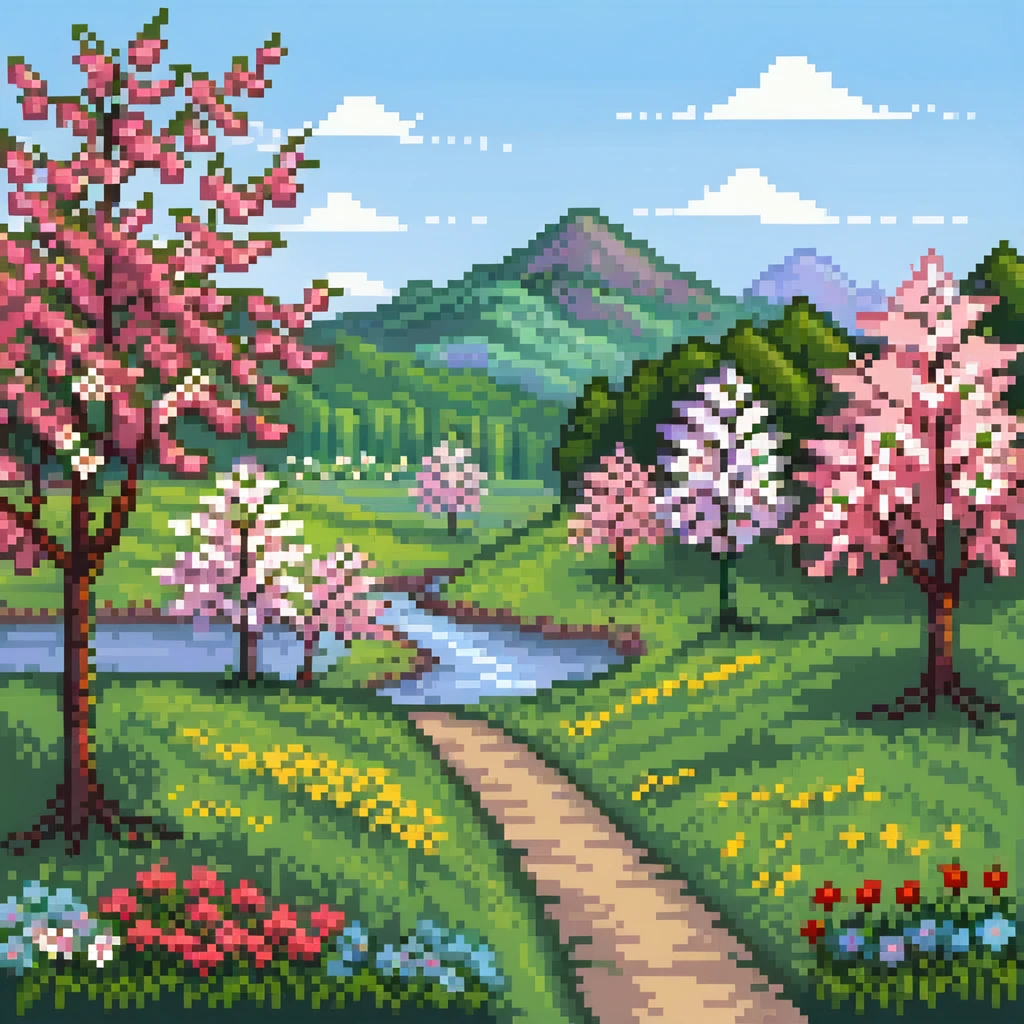 Spring landscape with blooming cherry trees, colorful flowers, and green grass emoji
