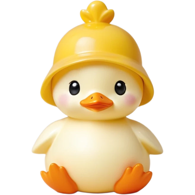 A cute, baby-like figurine with a round face, large shiny black eyes, and a soft, pastel skin tone. The figurine is standing with small, chubby limbs and a gentle smile. It wears a yellow duck-shaped hat that covers the top of its head, featuring a small orange beak and black dot eyes. The design is smooth, glossy, and minimalistic, with a soft, kawaii aesthetic. The background is plain white, and the lighting is soft and even. The overall style is similar to Sonny Angel collectible figurines, with a cute and charming appeal. emoji