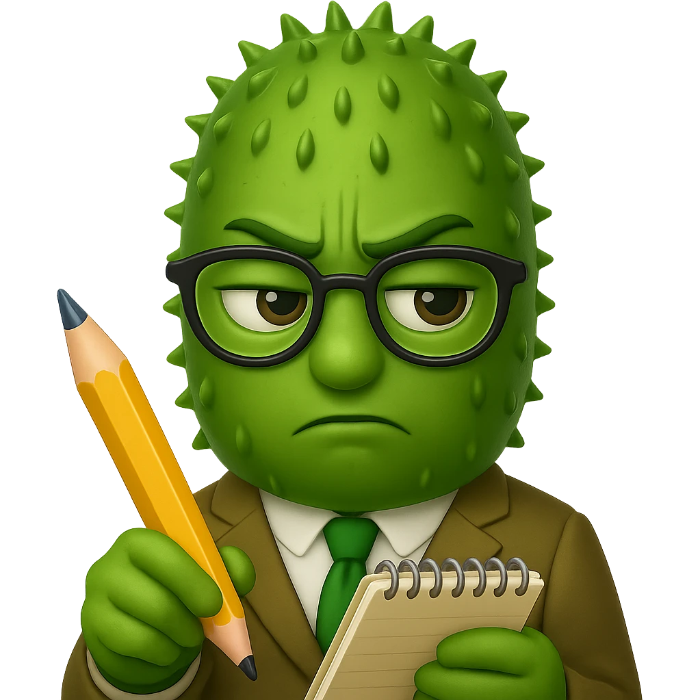 Make the pickle look suspicious while writing in a notepad, in the style of apple emojis, with no background. emoji