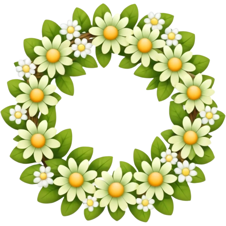 flower wreath with mostly yellow, white and green pastel colors, in a shape of an egg. flowers are original emoji