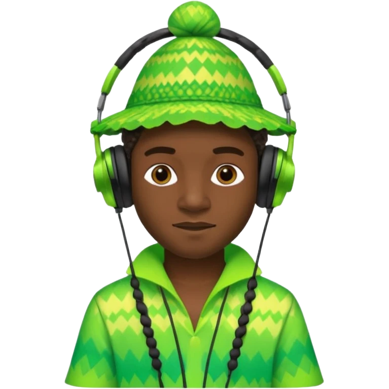 Create me an emoji of a cool Young Nigerian prince wearing a neon green gradient African patterns with  a hula hat (a Nigerian-inspired hat) and wearing cool headphones. emoji