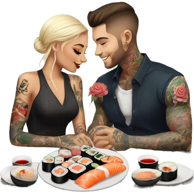 Romantic sushi dinner date for beautiful tattooed couple emoji
