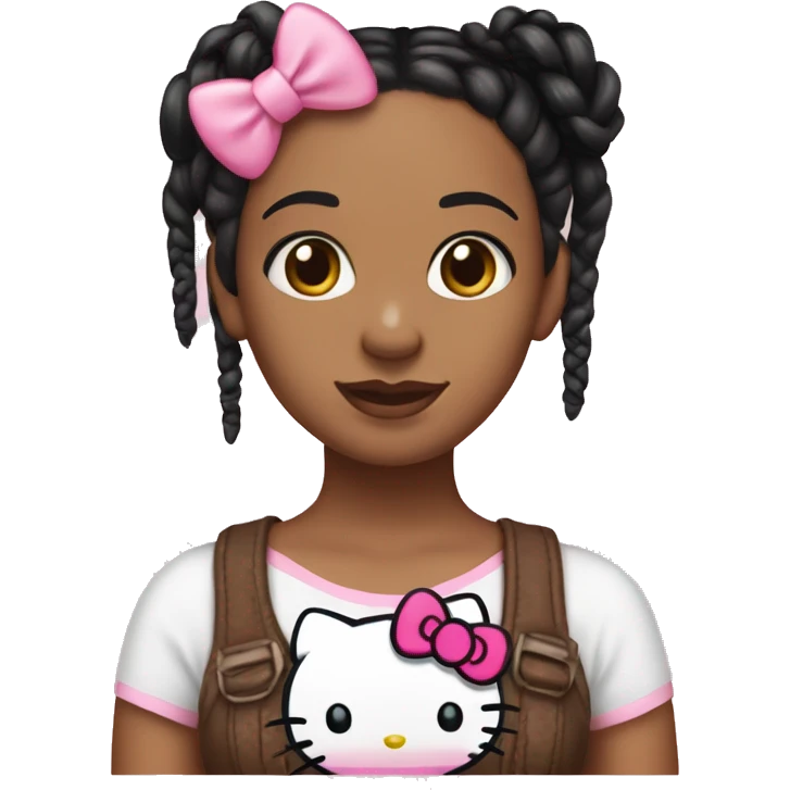 Brown woman with black braids, hazel eyes, has a pink bow on hair and wearing a hello kitty top emoji