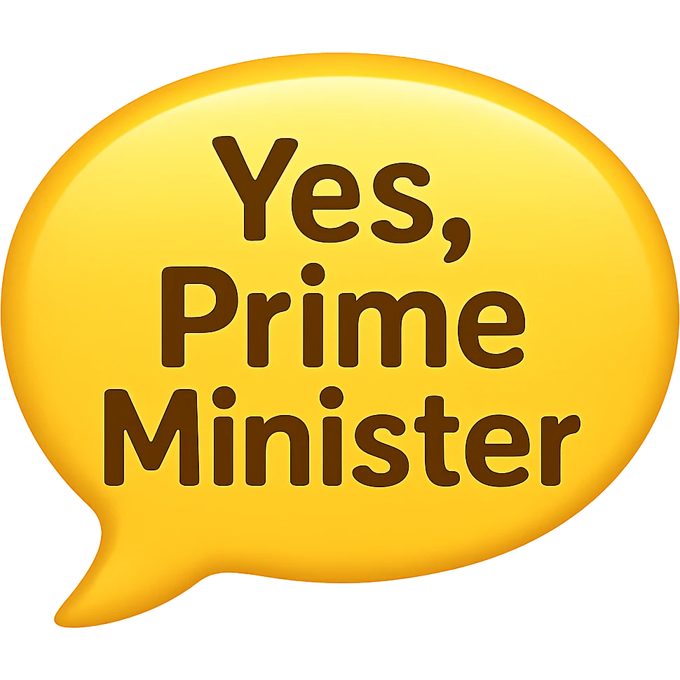 speech bubble with the words 'Yes, Prime Minister' in emoji style emoji