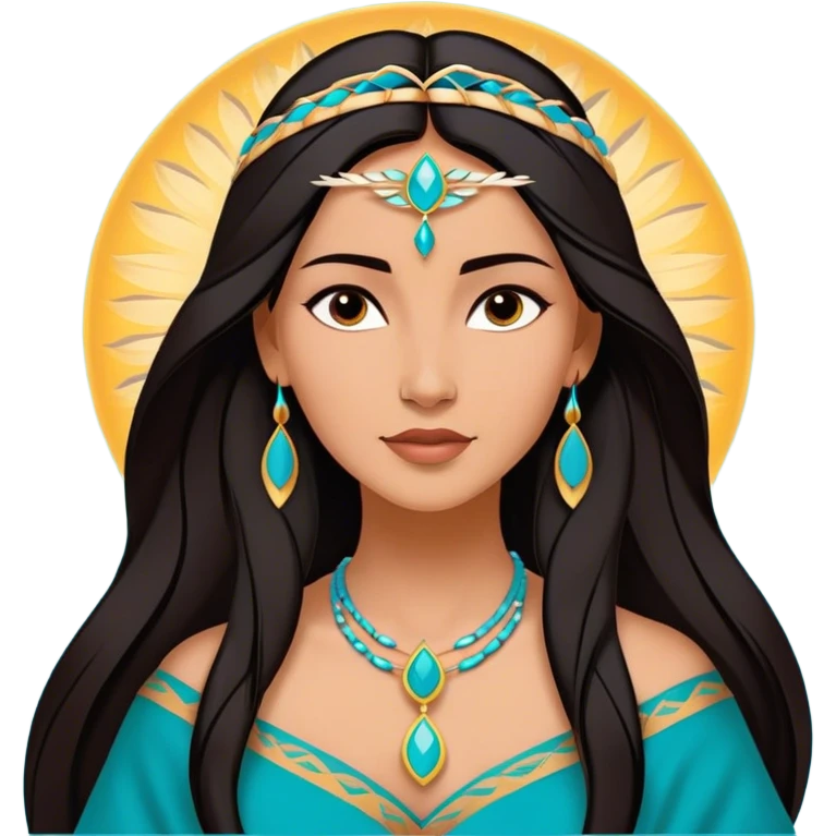 Cinematic Majestic Pocahontas Portrait Emoji, rendered in a clean, vector-style with bold shapes. Show Pocahontas with a serene, noble expression, radiant sun-kissed skin, and elegantly flowing dark hair, dressed in traditional garments with subtle turquoise accents. The design radiates a majestic, natural glow, high shine, and a soft glowing outline, capturing her regal beauty. emoji