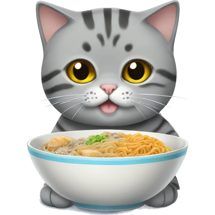 A grey tabby british shorthair cat eating a bowl of ramen emoji