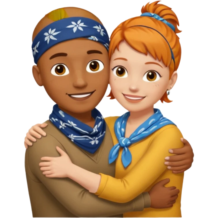 Two people hugging, brown guy with a buzzed cut and bandana, and a white woman with ginger hair emoji