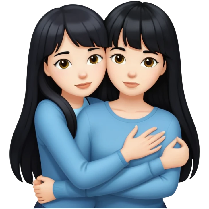 two white girls with long black hair hugging, one girl has bangs emoji