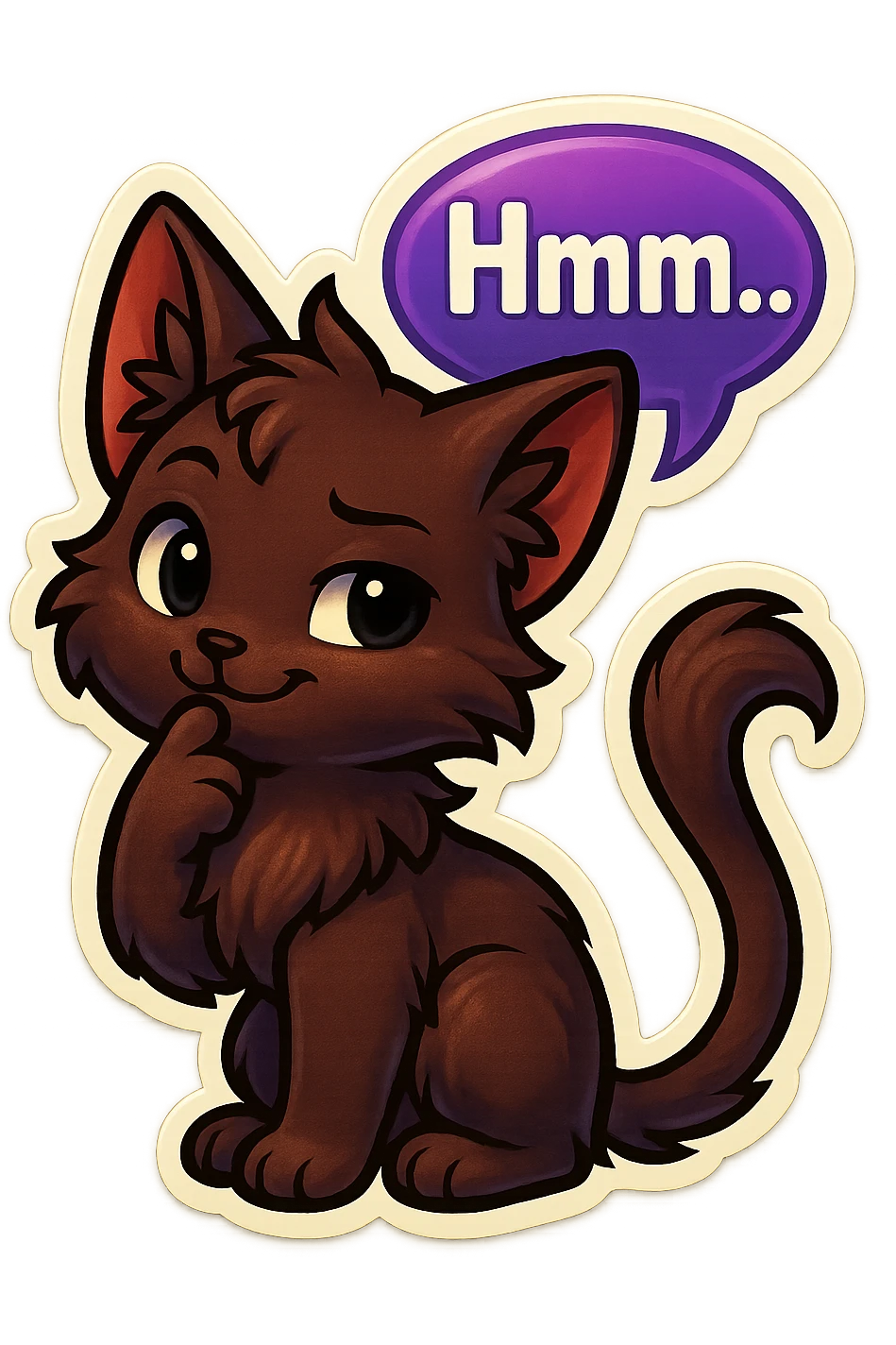 a dark-brown fluffy cute kawaii anime cat with tufted ears and a long thin tufted tail, thinking, smirking thoughtfully, saying “Hmm..” with a purple speech bubble, (cartoon style) (furry style) (deviantArt style) (artist style: Kamirah) emoji